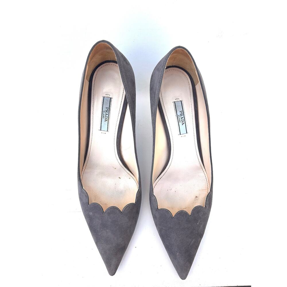 Prada Suede Scalloped Pointed Low Toe Kitten Heels Grey Gray 39 US 9 Pumps - Picture 8 of 14